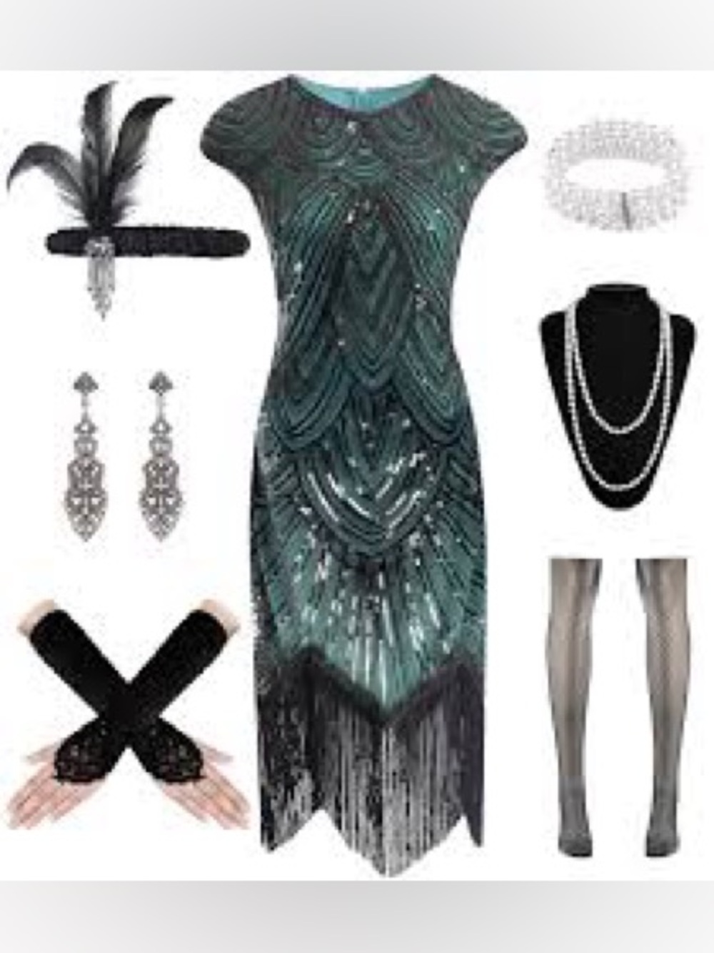 EUC Babeyond 1920s Beaded Sequin Great Gatsby Dress Forrest Green Black Small